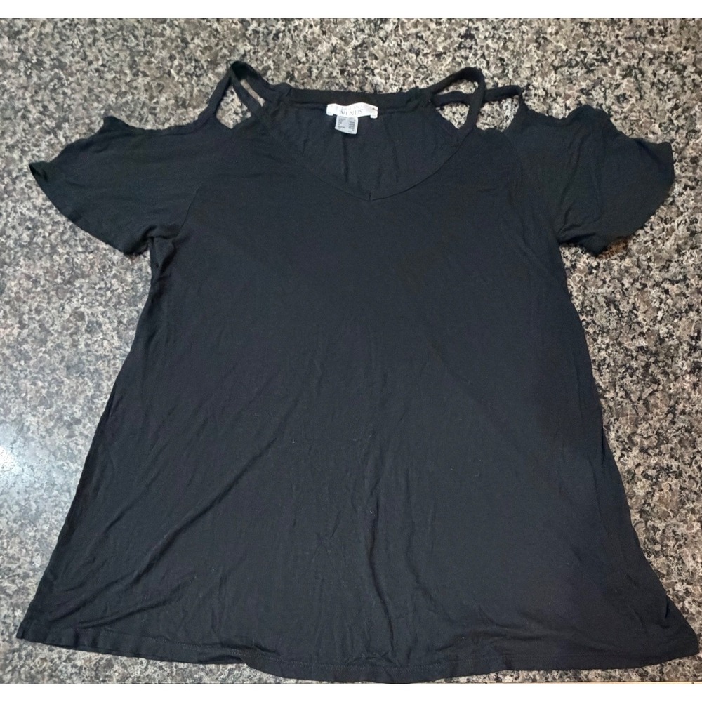 Lascana Venus Women Black Cold Shoulder‎ V-Neck Short Sleeve Top Size L Large